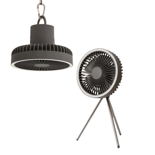 ventilateur-avec-trépied/crochet-rechargeable-usb-10000mah-avec-lumières-led/minuterie-intégrée,-rotation-à-180°,-3-vitesses-gris