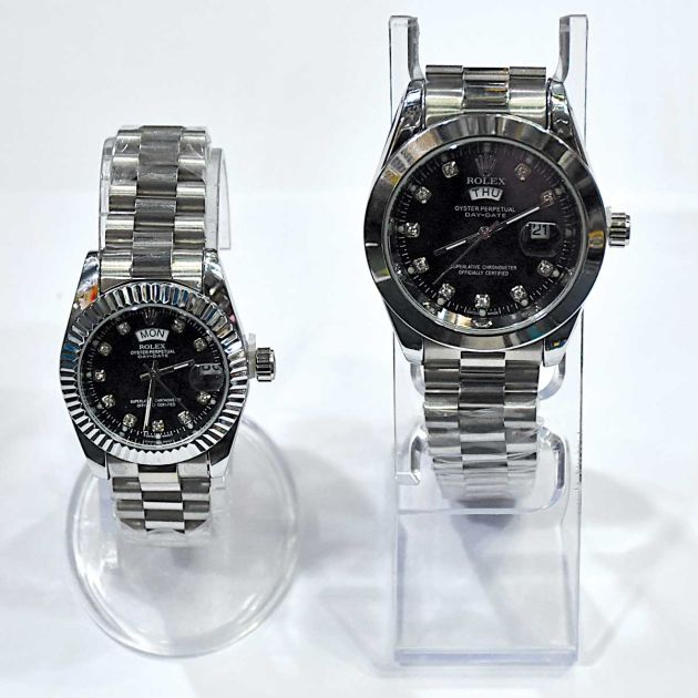 montre-couple-en-acier-inoxydable-de-marque-rolex-argent