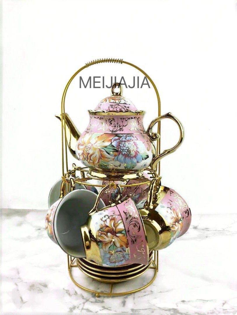 service-à-thé-en-porcelaine-florale-(avec-support-doré)