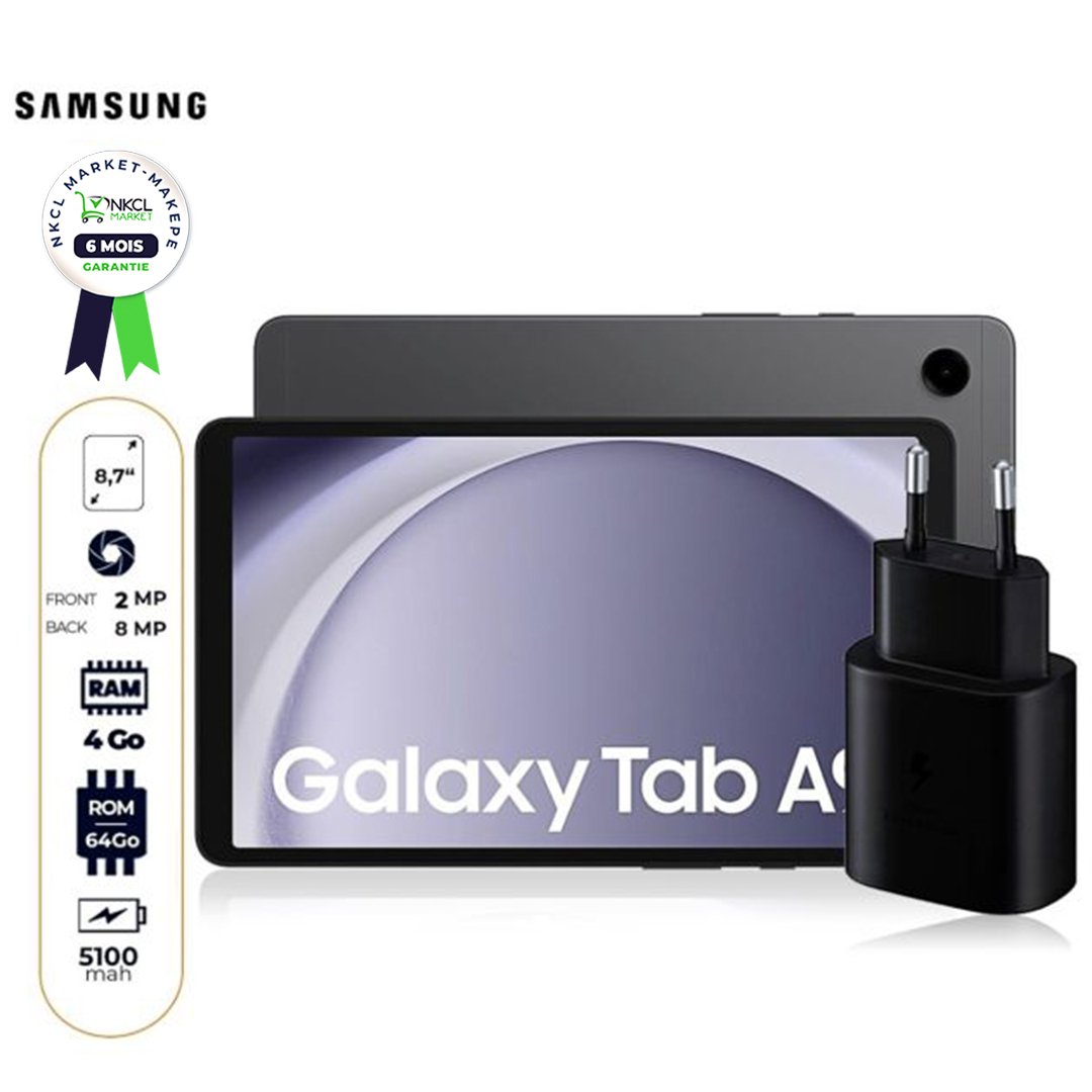 tablette-samsung-galaxy-tab-a9-(2023)---64-go/4go-ram---8.7"---5100-mah---8mp/2mp---1nano-sim---garantie-6-mois-+-boitier-de-recharge-original-samsung-25w