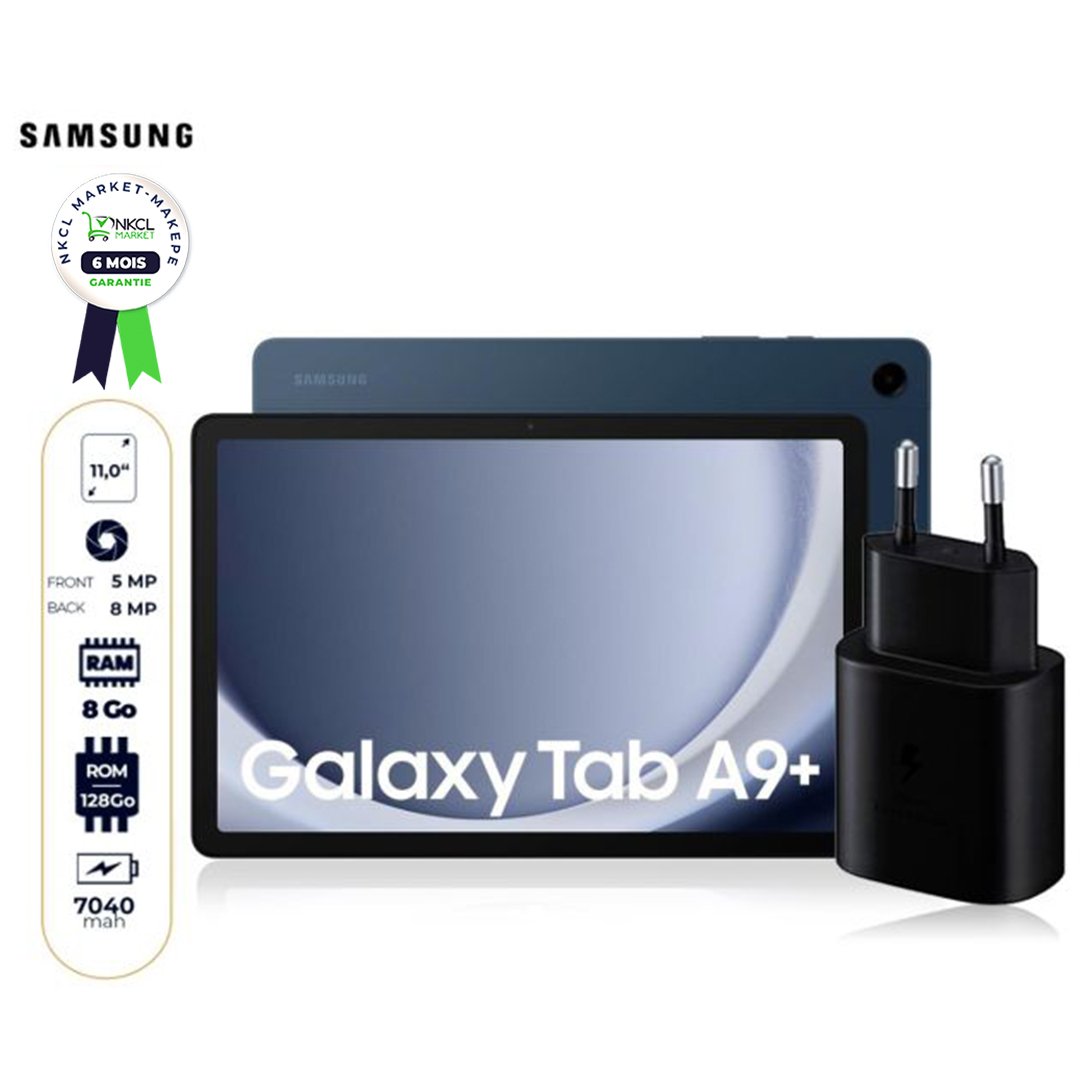 tablette-samsung-galaxy-tab-a9+-(2023)---128-go/8go-ram---11"---7040-mah---8mp/5mp---1nano-sim---garantie-6-mois-+-boitier-de-recharge-original-samsung-25w