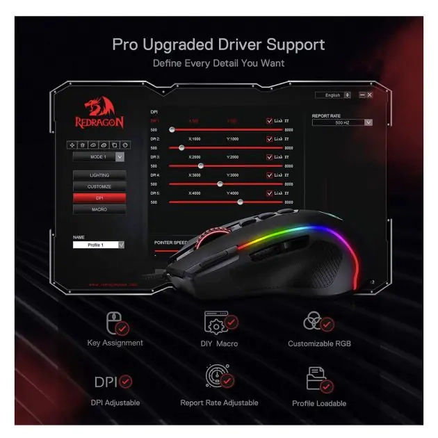 souris-filaire-gaming-redragon,-predator-dpi-11-boutons-programmables-500---8000-dpi