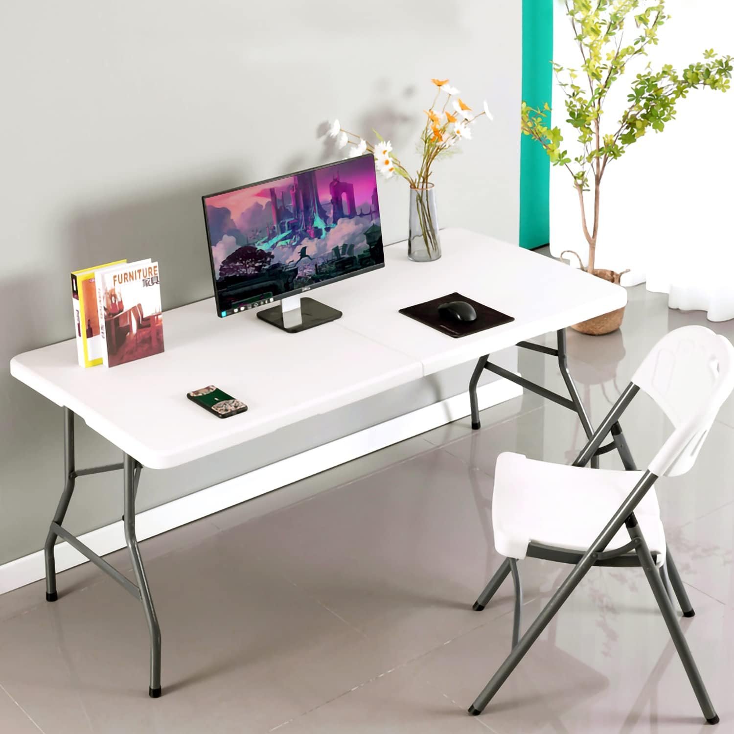 actask-table-pliante-de-1,8-m-(4-cm-d'épaisseur)-portable-et-compacte-pour-pique-nique,-camping,-fête,-jardin-–-table-portable-facile-à-transporter-avec-poignée-de-transport-(blanc)