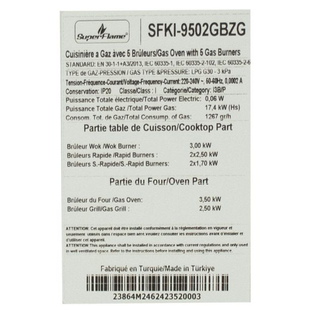 cuisinière-à-gaz---super-flame---full-option---5-feux---60-x-90-cm---sf-fg9502gbzg---grand-four---avec-panneau-de-commande-numérique---inox---garantie-6-mois