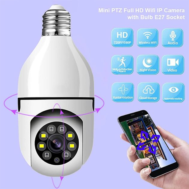 ampoule-avec-caméra-de-sécurité-wifi-1080p-sans-fil-intégrée---360-degrés---full-hd-1080p---vision-nocturne---accès-à-distance---6-mois