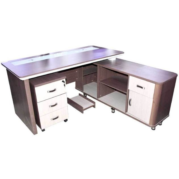 table-de-bureau-de-1,8-mètres---table-en-mélaminé---avec-panneau-en-verre-et-2-tiroirs---marron