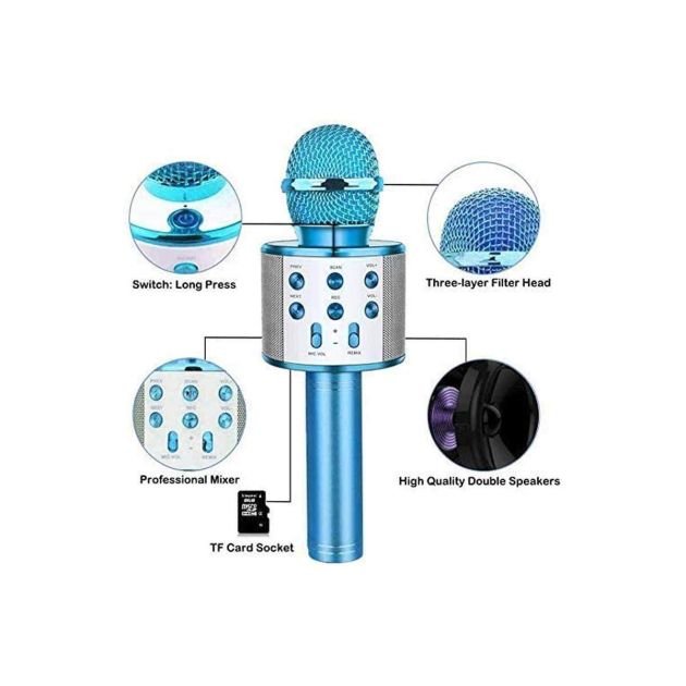 microphone-de-karaoké-sans-fil-bluetooth---micro-rechargeable---pour-enfants-et-adultes---bleu---6-mois-de-garantie