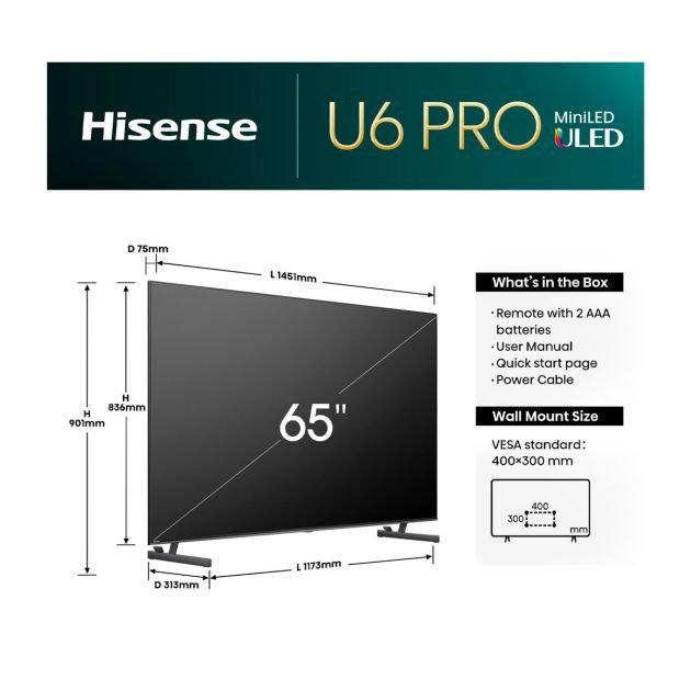 tv-smart-hisense-65"---65u6n---pro-mini-led---4k---avec-miracast---garantie-6-mois