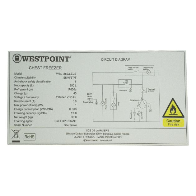 congélateur-coffre-westpoint---250-litres---wbl-2823,els---faible-bruit---standard-gris-foncé---garantie-6-mois