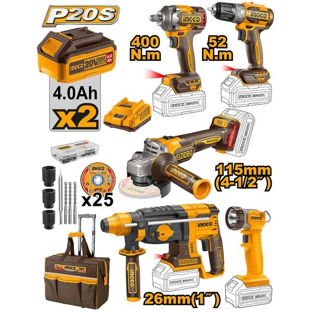 ensemble-de-5-outils-sans-fil---ingco-ckli2058---avec-accessoires,-2-batteries-20-v-+-1-chargeur---6-mois