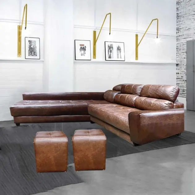 canapé-d'angle-5-places-+-2-poufs---cuir-synthétique---mousse-ph7---marron-café