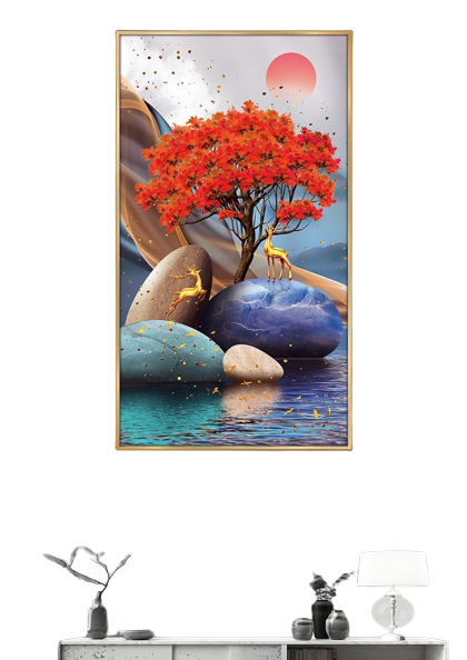 art-mural-avec-arbre-rouge-cerf,-broderie-de-diamant,-mosaïque-en-point-de-croix