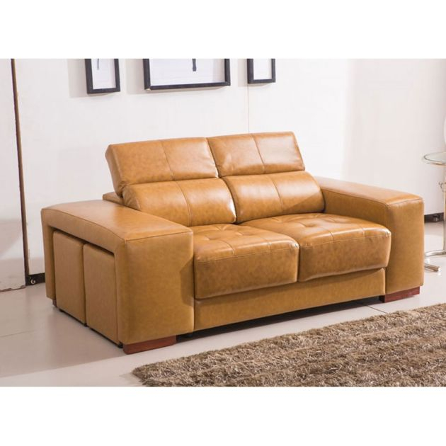 canapé-en-cuir-2-places-shakira-+-2-tabourets---marron-clair