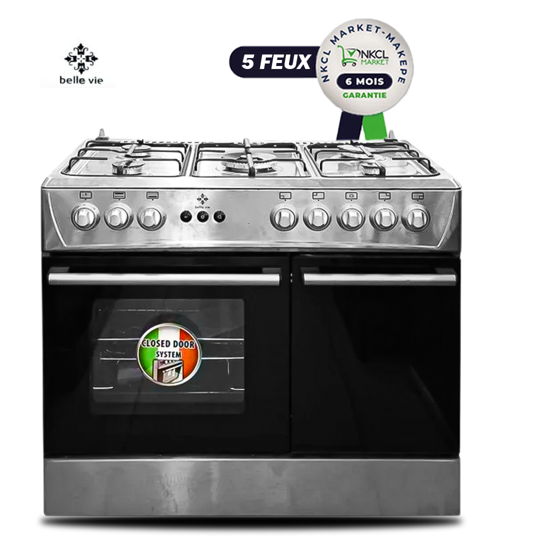 cuisinière-à-gaz---5-feux---belle-vie---60-x-90-cm---port-bouteille-à-gaz---argent---garantie-de-6-mois