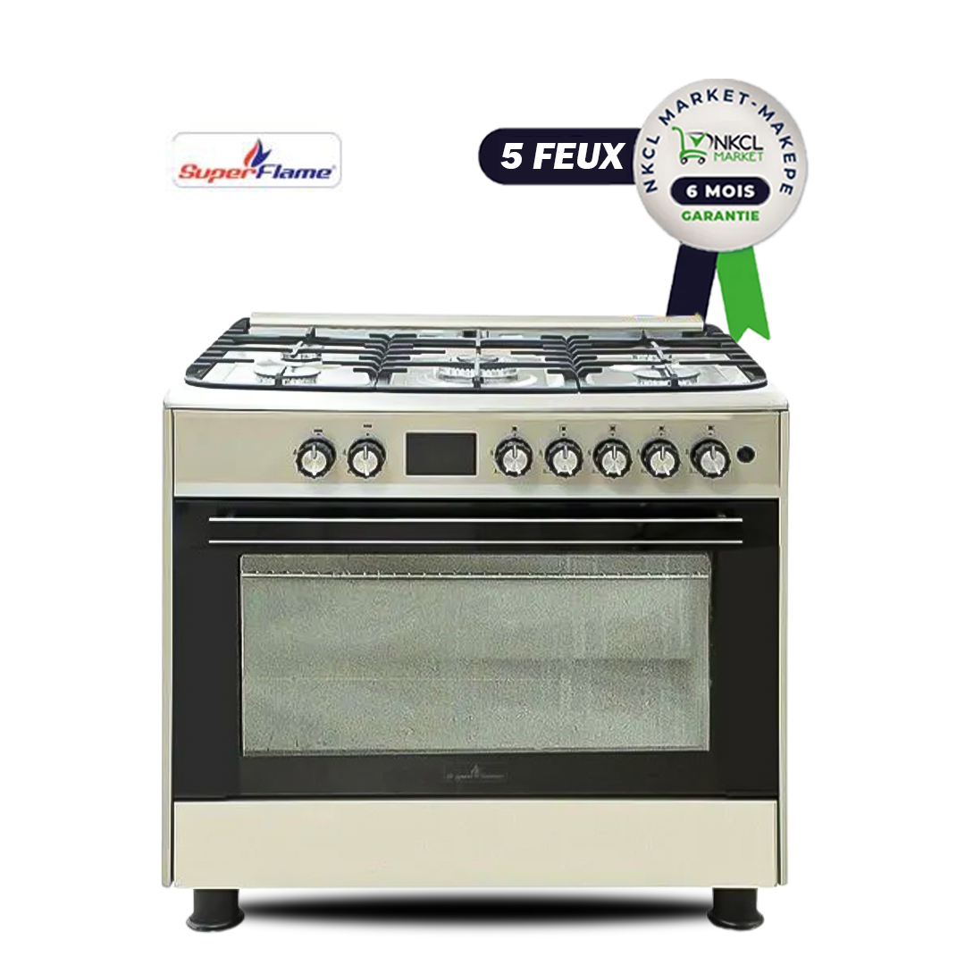 cuisinière-à-gaz---super-flame---full-option---5-feux---60-x-90-cm---sf-fg9502gbzg---grand-four---avec-panneau-de-commande-numérique---inox---garantie-6-mois