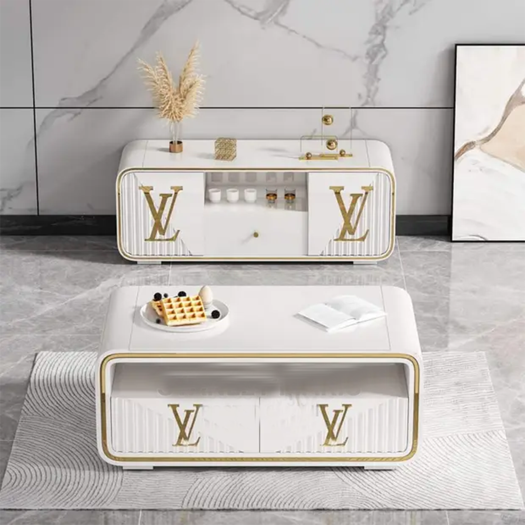 ensemble-meuble-tv-et-table-de-salon---luis-vuitton---blanc-or