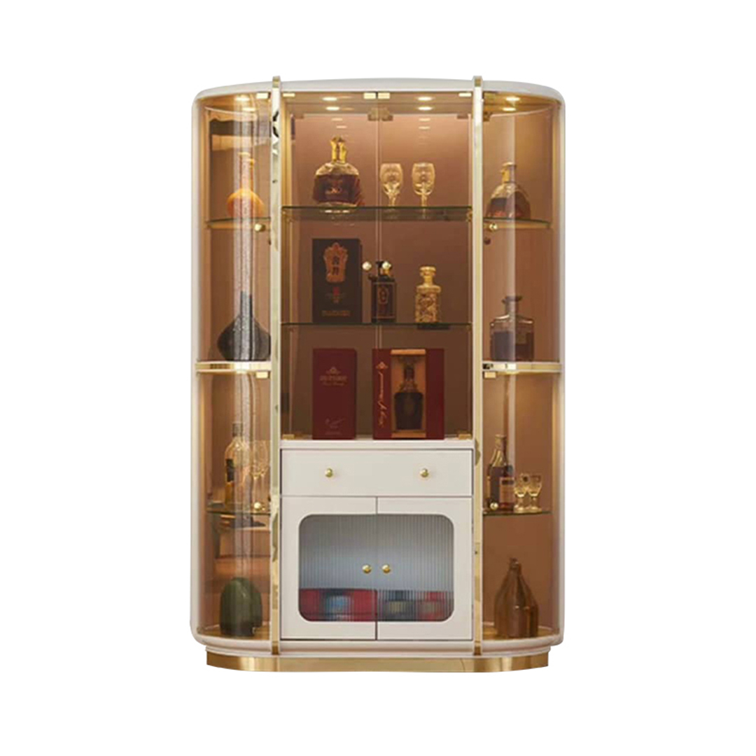 armoire-à-vin-moderne-élégante-avec-garniture-blanche-et-dorée,-coin-en-verre-incurvé-de-luxe-pour-la-maison,-style-panneau-de-bois