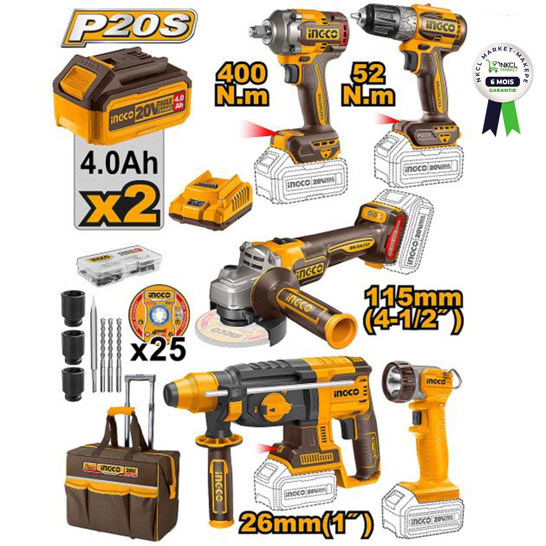 ensemble-de-5-outils-sans-fil---ingco-ckli2058---avec-accessoires,-2-batteries-20-v-+-1-chargeur---6-mois