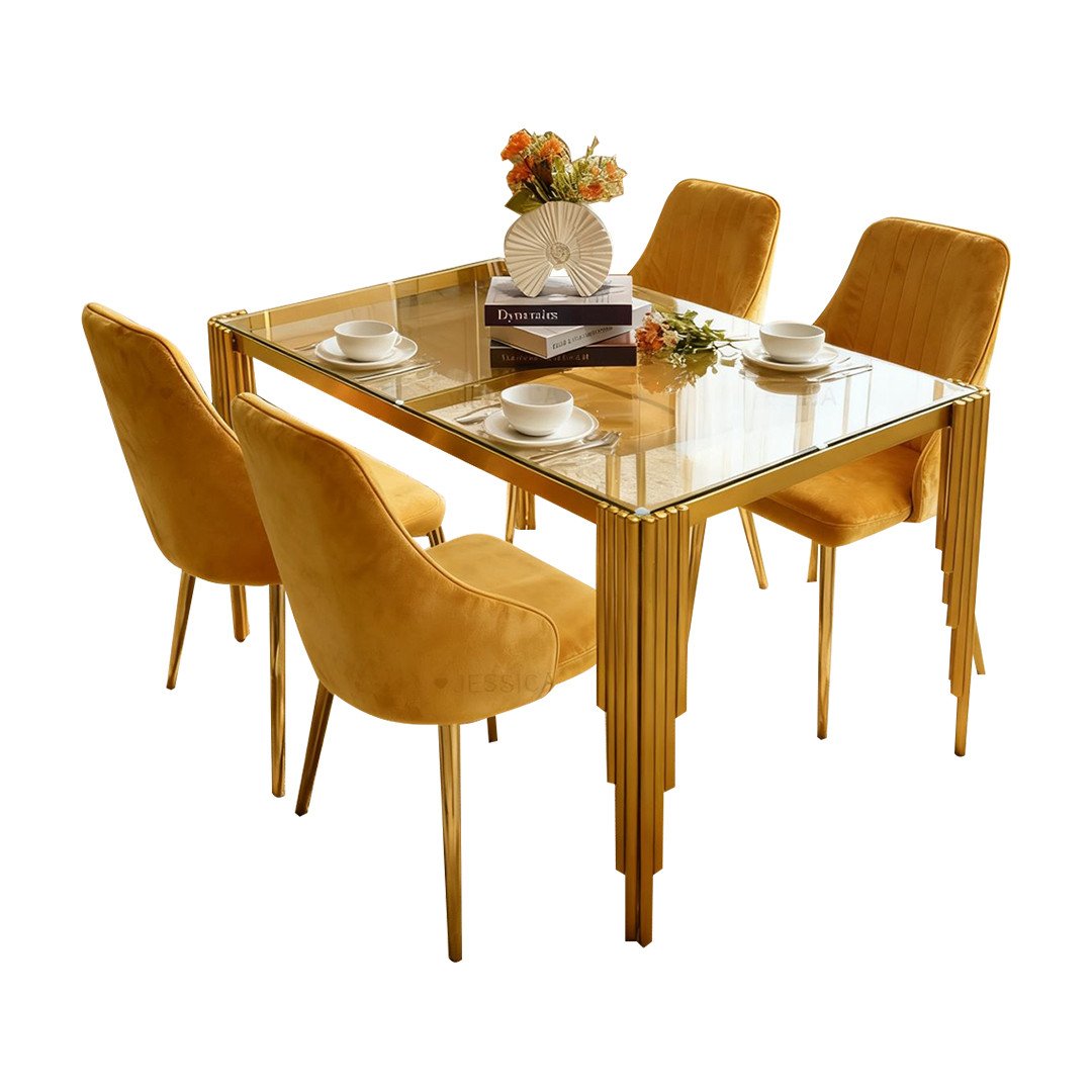 salle-a-manger-de-luxe-4-places-–-verre-trempé-&-finition-dorée